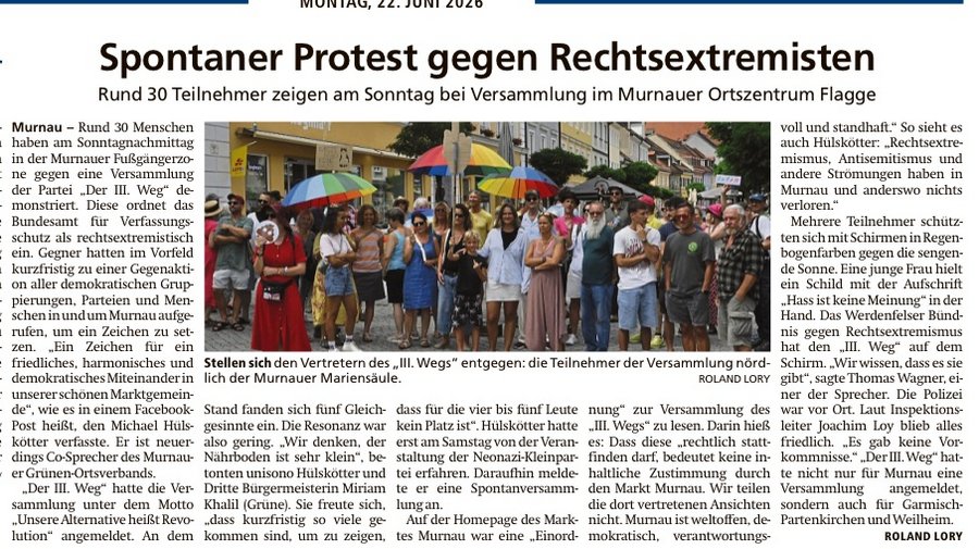 Murnauer Tagblatt zur Gegendemo am 21.6.2026